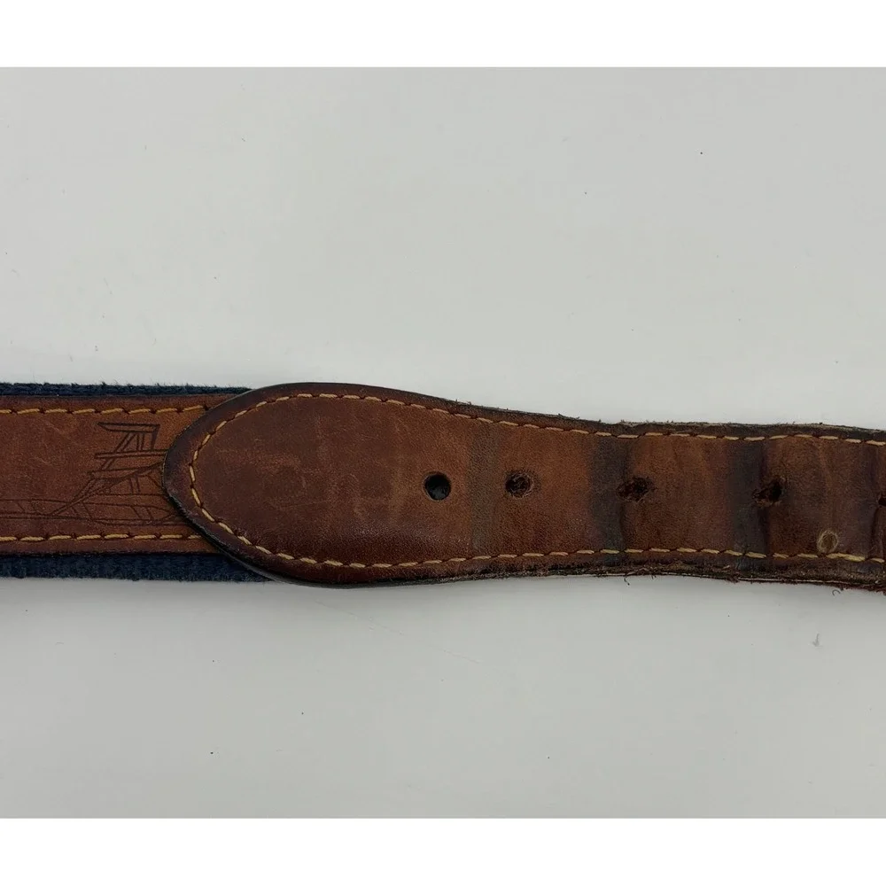 VTG Zeppelin Fish Canvas Leather Belt Size 46 Solid Brass Buckle Made In USA